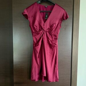 Express Burgundy Twist Waist Fit & Flare Mini Dress V-neck Flutter Sleeves